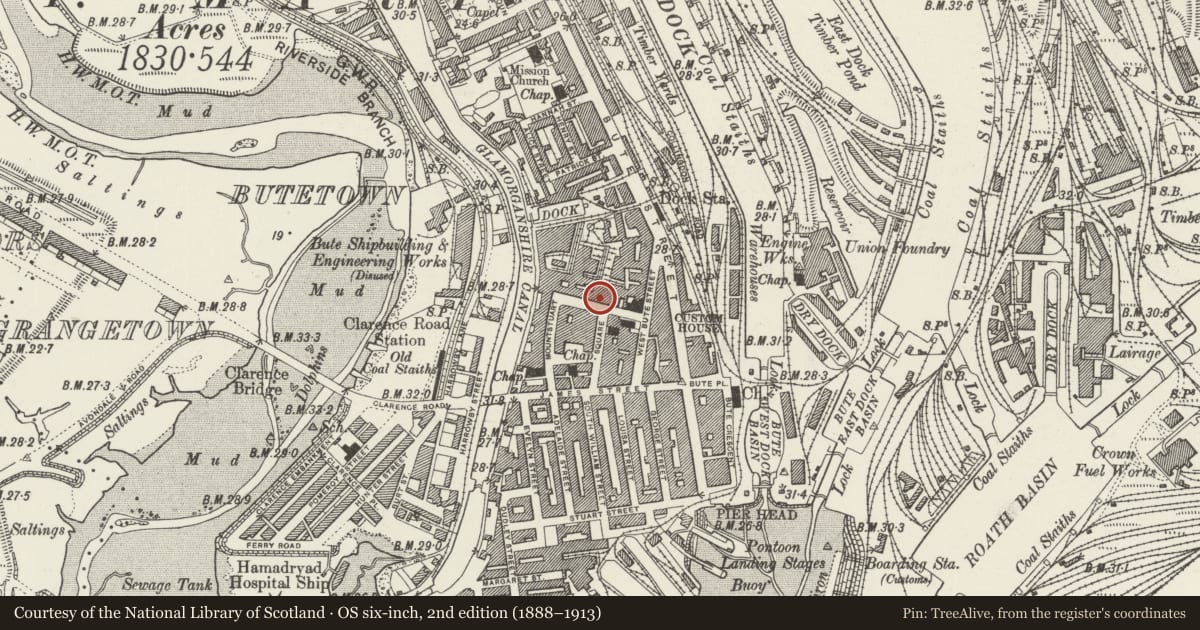 Ordnance Survey six-inch map, 2nd edition (1888–1913) covering the location of Empire House, Butetown, Cardiff, with a pin at the register's coordinates
