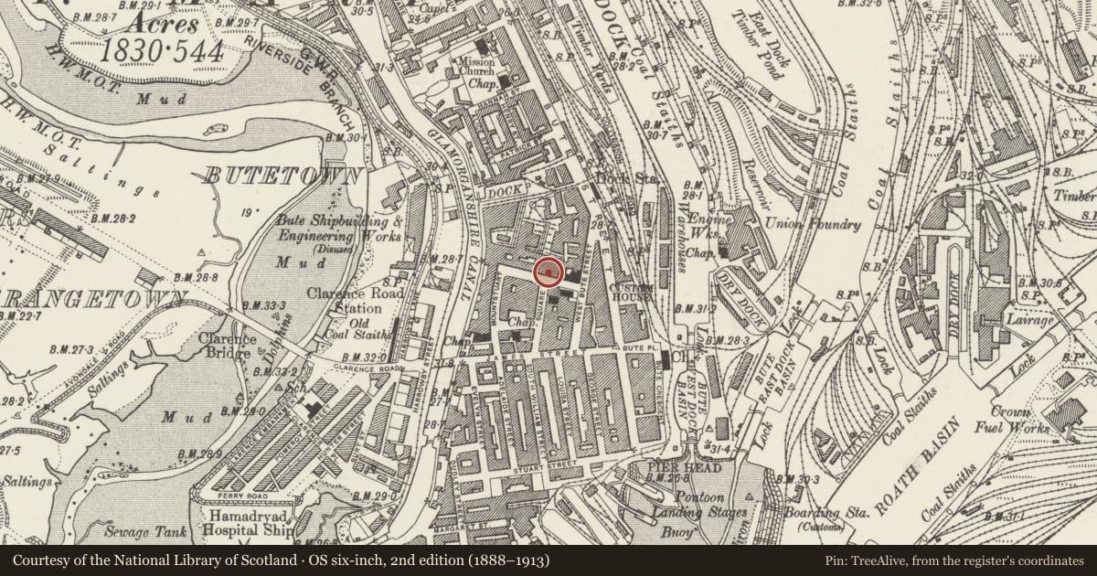 Ordnance Survey six-inch map, 2nd edition (1888–1913) covering the location of 58 Mount Stuart Square, Butetown, Cardiff, with a pin at the register's coordinates