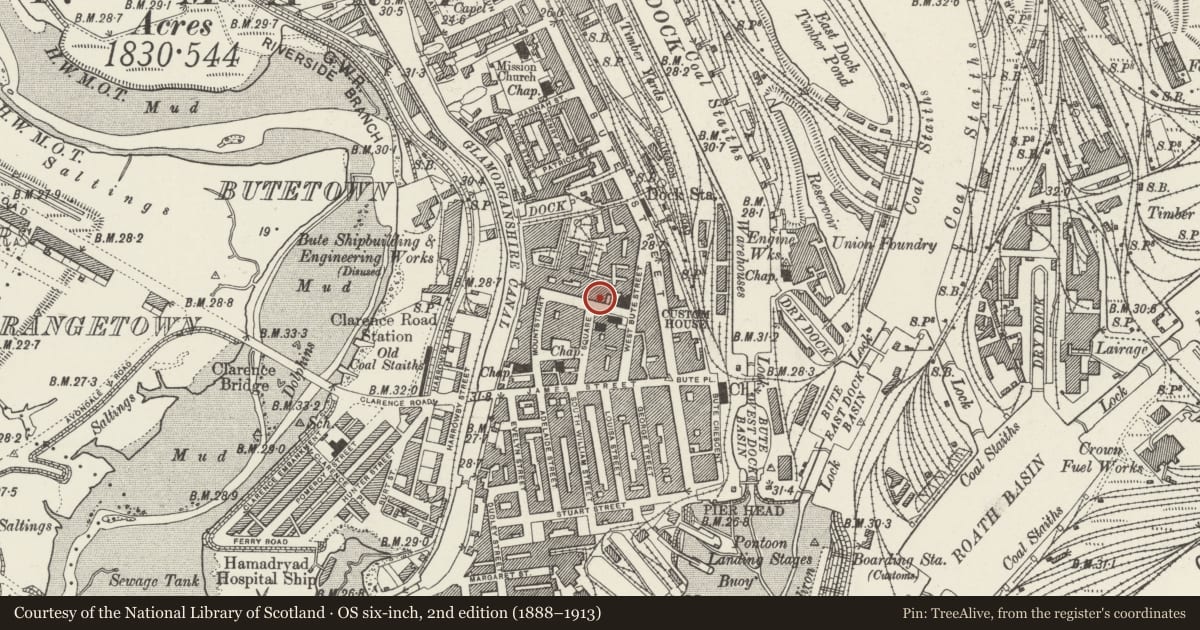 Ordnance Survey six-inch map, 2nd edition (1888–1913) covering the location of 59 Mount Stuart Square, Butetown, Cardiff, with a pin at the register's coordinates