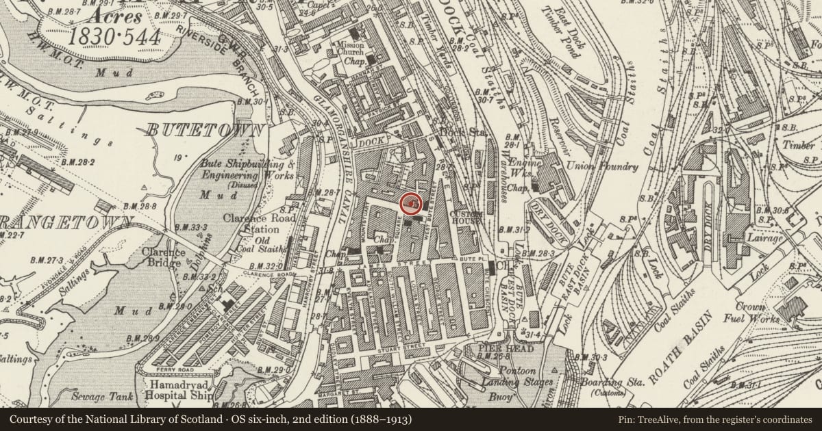 Ordnance Survey six-inch map, 2nd edition (1888–1913) covering the location of St Line House, Butetown, Cardiff, with a pin at the register's coordinates