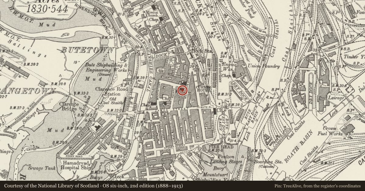 Ordnance Survey six-inch map, 2nd edition (1888–1913) covering the location of The Point (Formerly St Stephen's Church), Butetown, Cardiff, with a pin at the register's coordinates