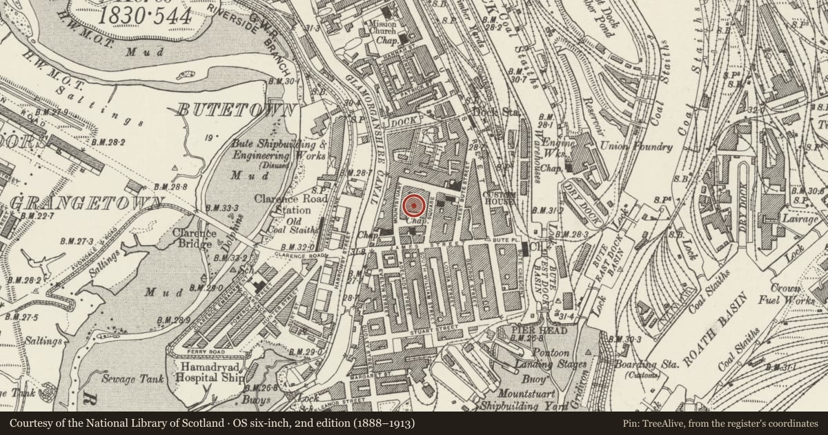 Ordnance Survey six-inch map, 2nd edition (1888–1913) covering the location of Cardiff Exchange Building, Butetown, Cardiff, with a pin at the register's coordinates