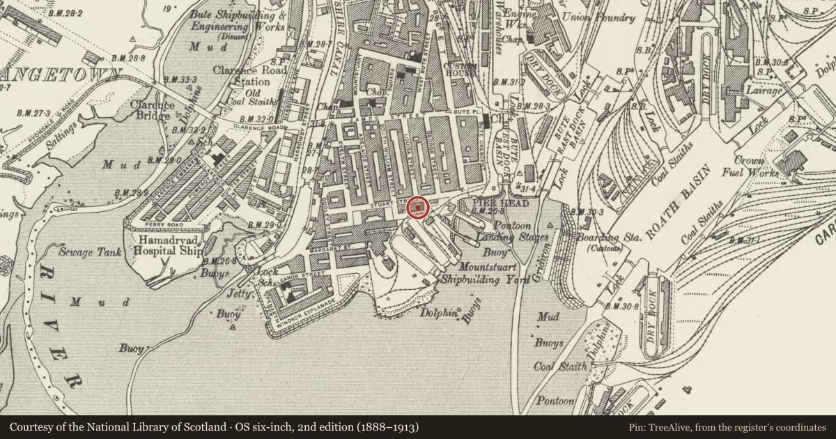 Ordnance Survey six-inch map, 2nd edition (1888–1913) covering the location of The Big Windsor, Butetown, Cardiff, with a pin at the register's coordinates