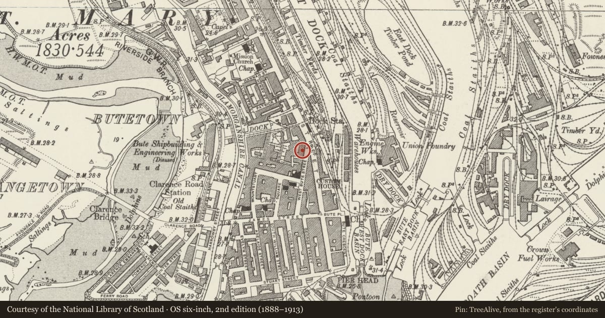 Ordnance Survey six-inch map, 2nd edition (1888–1913) covering the location of 34 & 35, Butetown, Cardiff, with a pin at the register's coordinates