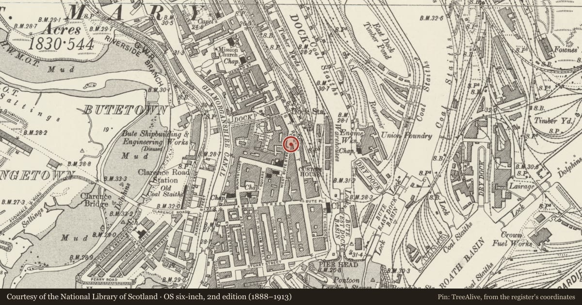 Ordnance Survey six-inch map, 2nd edition (1888–1913) covering the location of Pillar Box Outside Royal Bank of Scotland, Butetown, Cardiff, with a pin at the register's coordinates