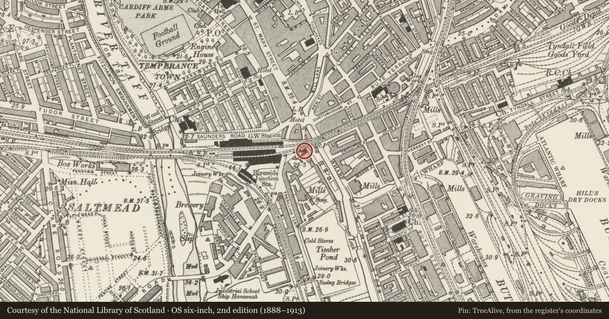 Ordnance Survey six-inch map, 2nd edition (1888–1913) covering the location of Premises occupied by Jacob's Antique Market, Butetown, Cardiff, with a pin at the register's coordinates