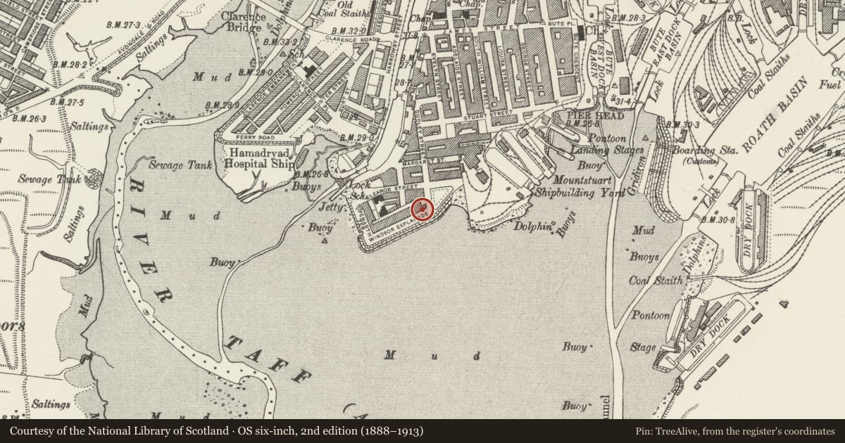 Ordnance Survey six-inch map, 2nd edition (1888–1913) covering the location of 1 Windsor Esplanade, Butetown, Cardiff, with a pin at the register's coordinates