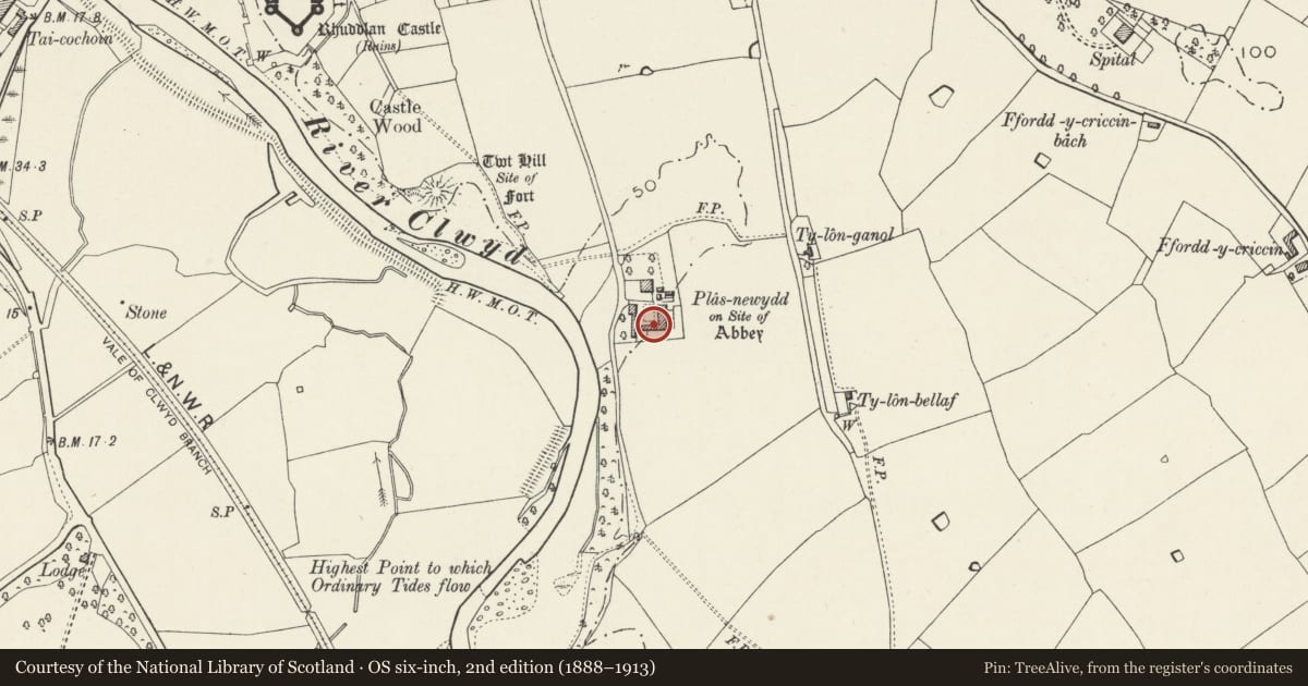 Ordnance Survey six-inch map, 2nd edition (1888–1913) covering the location of Main Barn at Abbey Farm, Rhuddlan, Denbighshire, with a pin at the register's coordinates