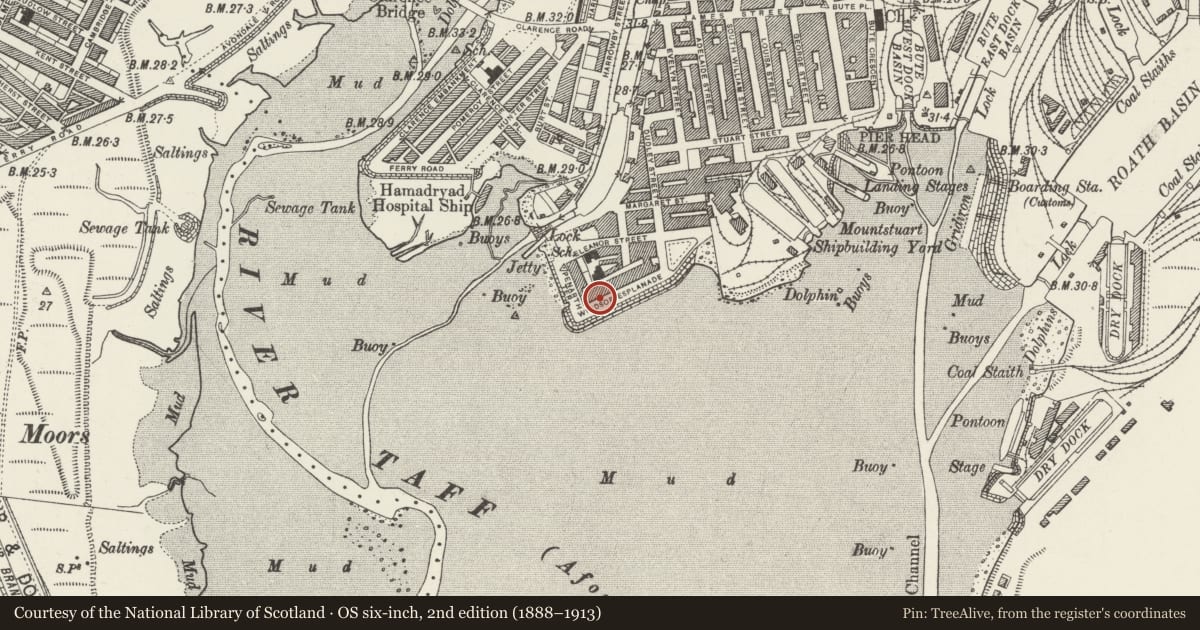Ordnance Survey six-inch map, 2nd edition (1888–1913) covering the location of 15 Windsor Esplanade, Butetown, Cardiff, with a pin at the register's coordinates