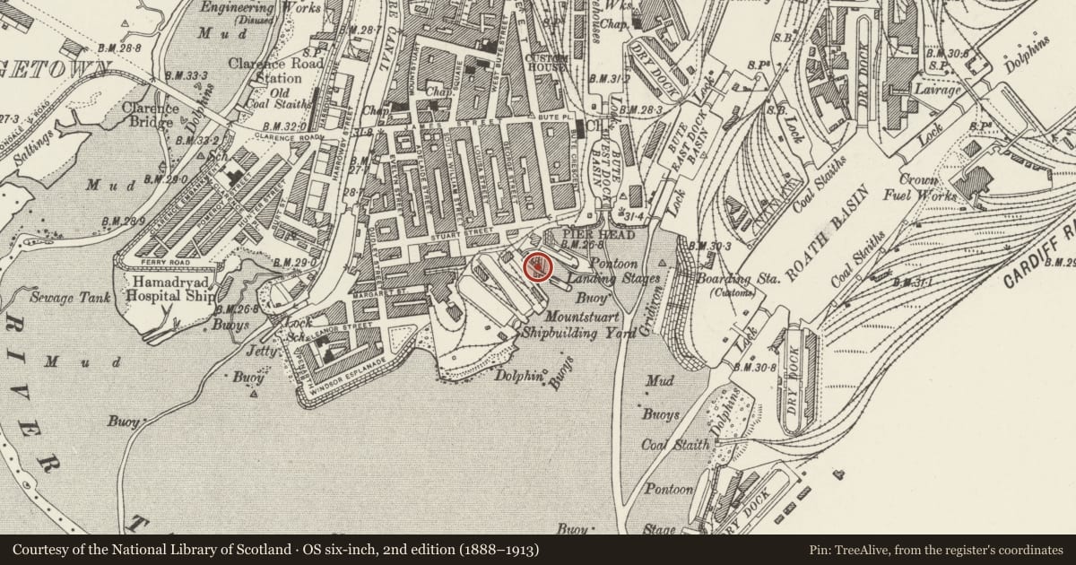 Ordnance Survey six-inch map, 2nd edition (1888–1913) covering the location of Sea Wall to East of former Mount Stuart Shiprepair Yard, Butetown, Cardiff, with a pin at the register's coordinates