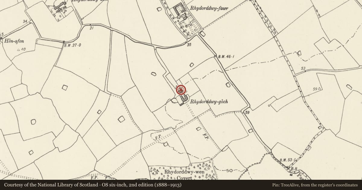 Ordnance Survey six-inch map, 2nd edition (1888–1913) covering the location of Rhydorddwy Goch Farmhouse, Rhyl, Denbighshire, with a pin at the register's coordinates