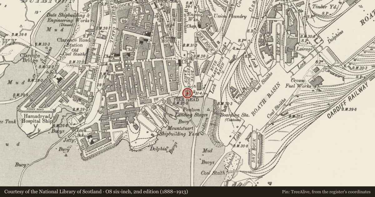 Ordnance Survey six-inch map, 2nd edition (1888–1913) covering the location of Bute West Dock Basin, including Sea Walls and Catch Pit, Butetown, Cardiff, with a pin at the register's coordinates