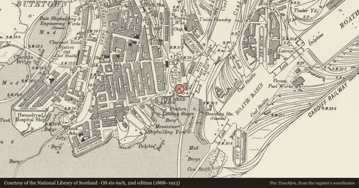 Ordnance Survey six-inch map, 2nd edition (1888–1913) covering the location of One of a Pair of Navigation Lamps to E of Bute West Dock Basin, Butetown, Cardiff, with a pin at the register's coordinates