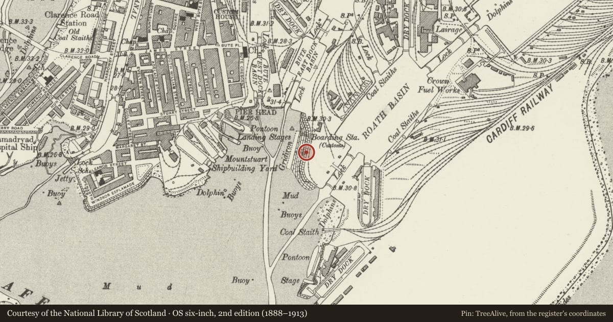 Ordnance Survey six-inch map, 2nd edition (1888–1913) covering the location of Sloping Stone Sea Wall between Entrance to Bute East Dock and Roath Basin, including 5 Dolphins, Butetown, Cardiff, with a pin at the register's coordinates