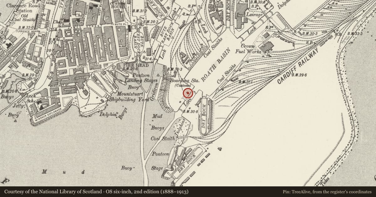 Ordnance Survey six-inch map, 2nd edition (1888–1913) covering the location of Locky's Cottage (former Workmen's Hut at Sea Lock to Roath Basin, Butetown, Cardiff, with a pin at the register's coordinates