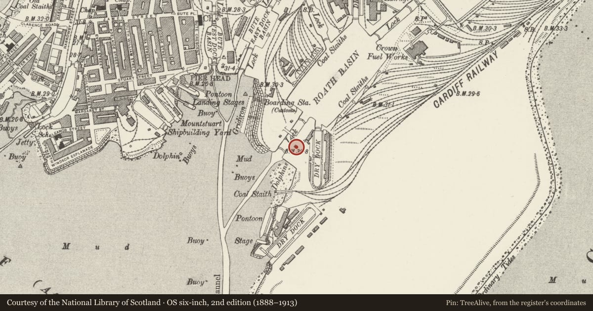 Ordnance Survey six-inch map, 2nd edition (1888–1913) covering the location of Workmen's Hut at Sea Lock to Roath Basin, Butetown, Cardiff, with a pin at the register's coordinates