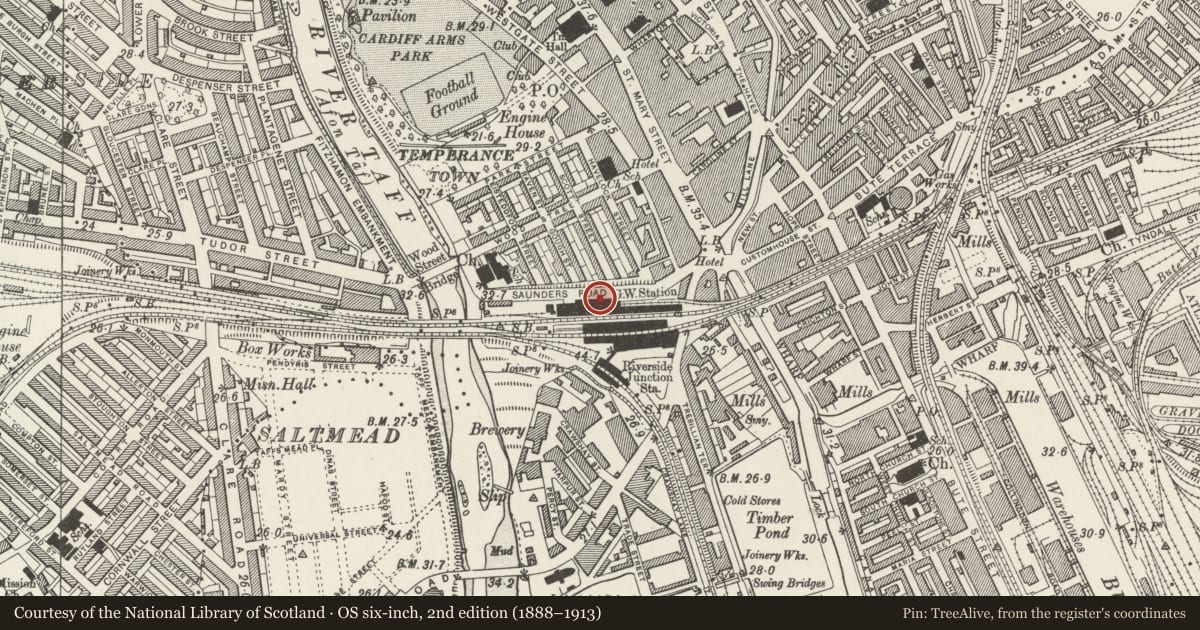 Ordnance Survey six-inch map, 2nd edition (1888–1913) covering the location of Cardiff Central Station, Booking Hall, Passenger Subway, Platforms 1-4, 6 & 7 and Platform Buildings, Castle, Cardiff, with a pin at the register's coordinates