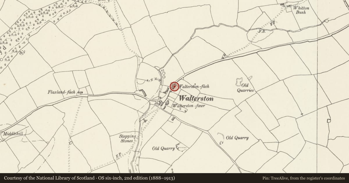 Ordnance Survey six-inch map, 2nd edition (1888–1913) covering the location of Walterstone Fach, Llancarfan, Vale of Glamorgan, with a pin at the register's coordinates