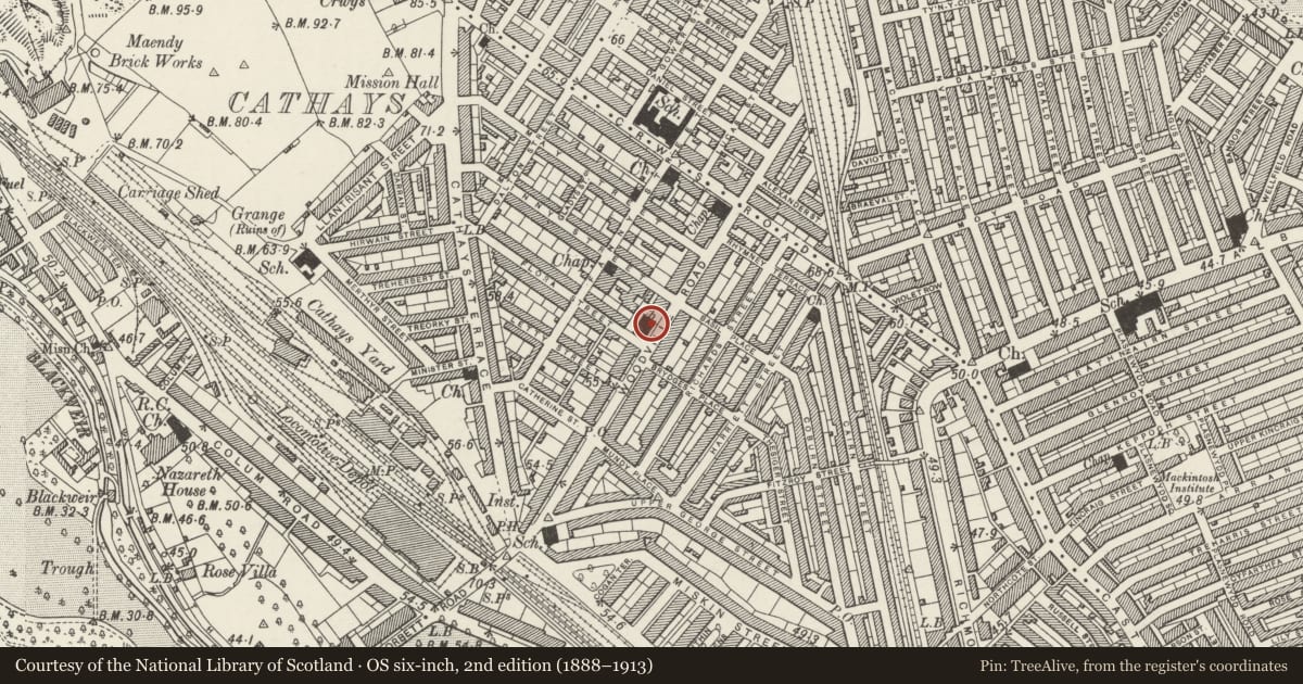 Ordnance Survey six-inch map, 2nd edition (1888–1913) covering the location of Church of St Andrew and Teilo, Cathays, Cardiff, with a pin at the register's coordinates