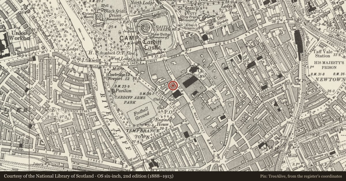 Ordnance Survey six-inch map, 2nd edition (1888–1913) covering the location of National Westminster Bank, Castle, Cardiff, with a pin at the register's coordinates