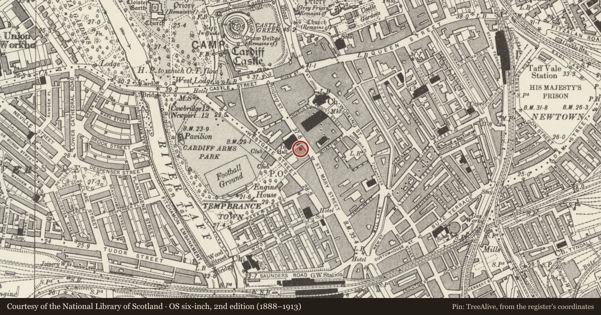 Ordnance Survey six-inch map, 2nd edition (1888–1913) covering the location of Oz Bar, Castle, Cardiff, with a pin at the register's coordinates
