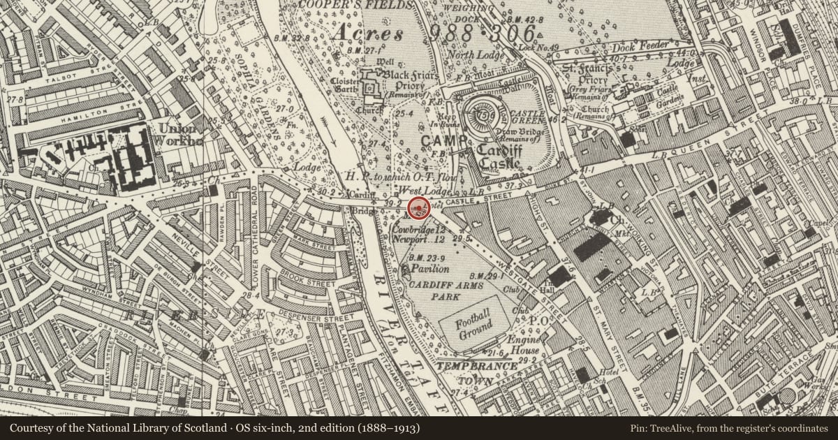 Ordnance Survey six-inch map, 2nd edition (1888–1913) covering the location of Mile Post at NW End of Westgate Street, Castle, Cardiff, with a pin at the register's coordinates