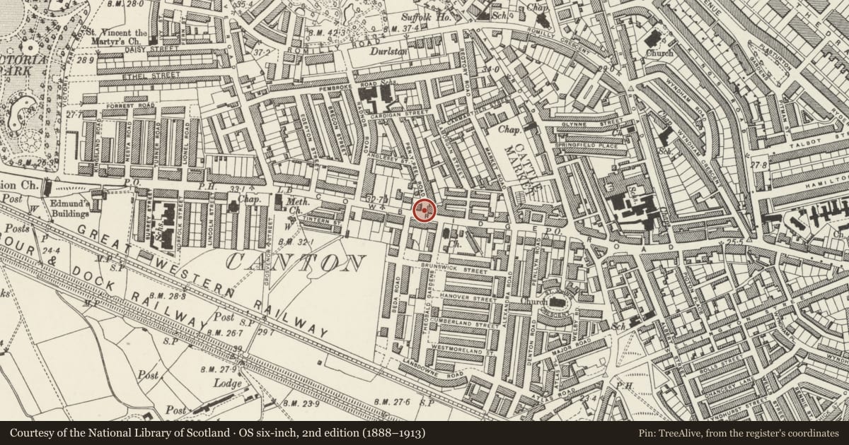 Ordnance Survey six-inch map, 2nd edition (1888–1913) covering the location of Milepost outside No.240, Canton, Cardiff, with a pin at the register's coordinates
