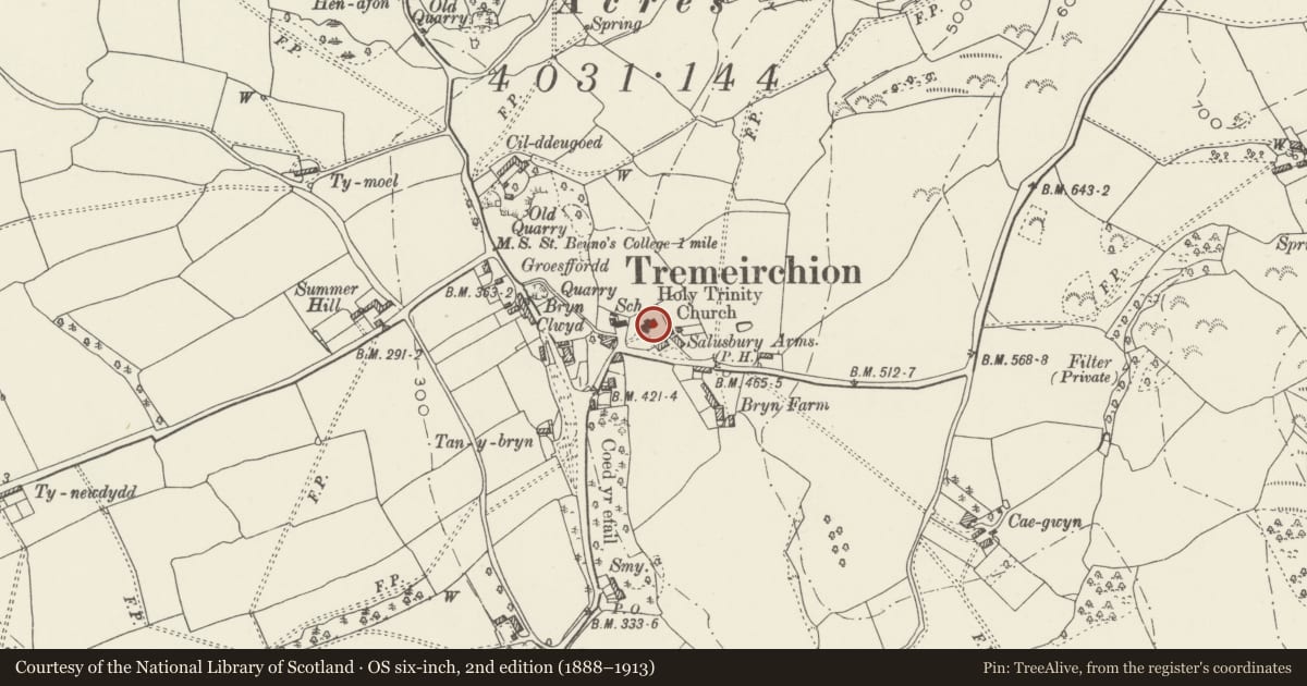 Ordnance Survey six-inch map, 2nd edition (1888–1913) covering the location of Church of Corpus Christi (Holy Trinity), Tremeirchion, Denbighshire, with a pin at the register's coordinates