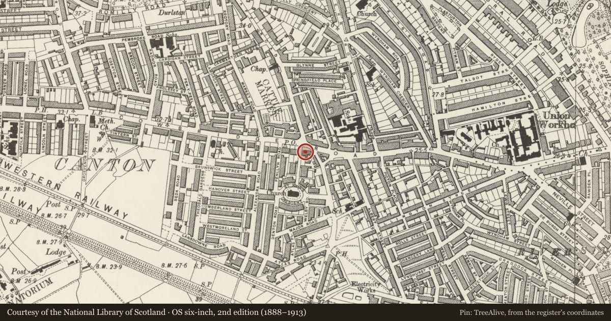 Ordnance Survey six-inch map, 2nd edition (1888–1913) covering the location of 275 Cowbridge Road East, Canton, Cardiff, with a pin at the register's coordinates