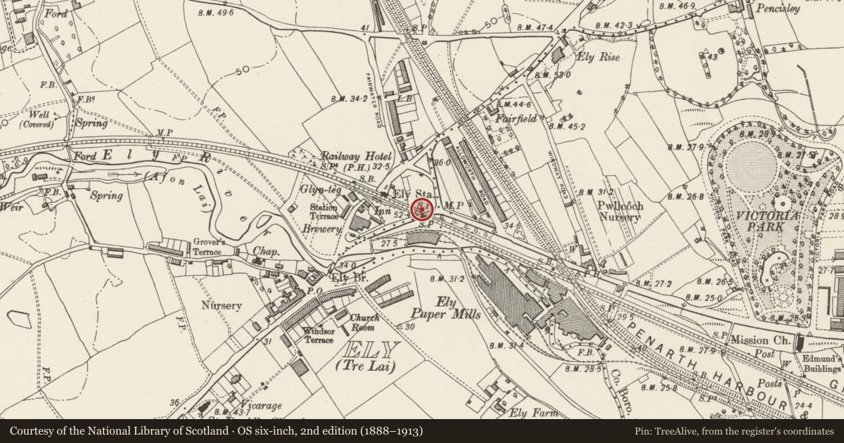 Ordnance Survey six-inch map, 2nd edition (1888–1913) covering the location of Milepost on railway bridge, Fairwater, Cardiff, with a pin at the register's coordinates
