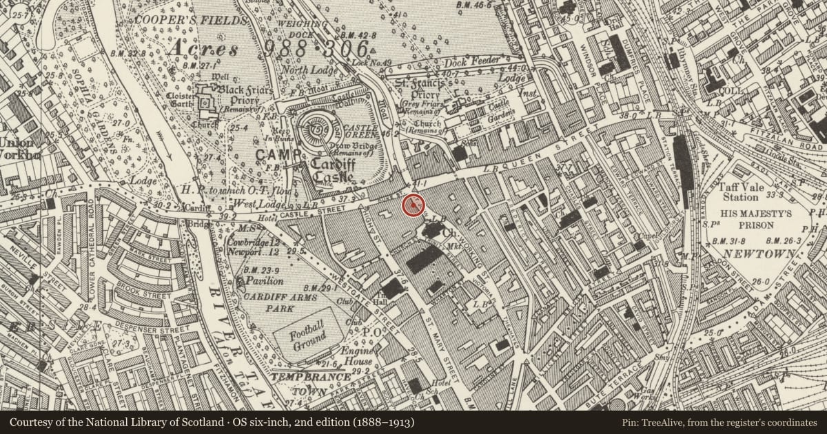 Ordnance Survey six-inch map, 2nd edition (1888–1913) covering the location of Burger King, Castle, Cardiff, with a pin at the register's coordinates