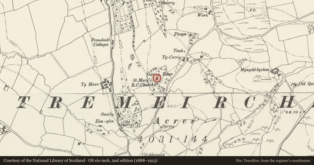 Ordnance Survey six-inch map, 2nd edition (1888–1913) covering the location of The Rock Chapel, Tremeirchion, Denbighshire, with a pin at the register's coordinates