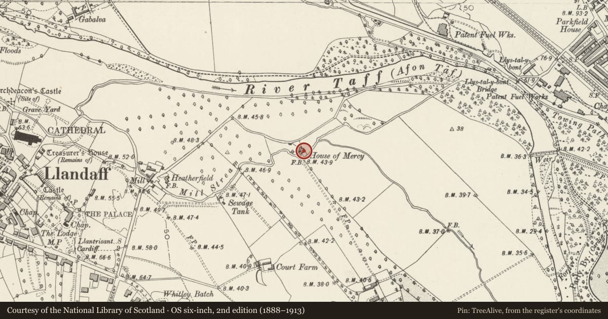 Ordnance Survey six-inch map, 2nd edition (1888–1913) covering the location of The Mill House, Pontcanna, Cardiff, with a pin at the register's coordinates