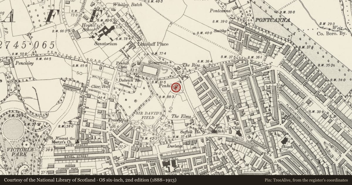 Ordnance Survey six-inch map, 2nd edition (1888–1913) covering the location of Penhill House, Canton, Cardiff, with a pin at the register's coordinates