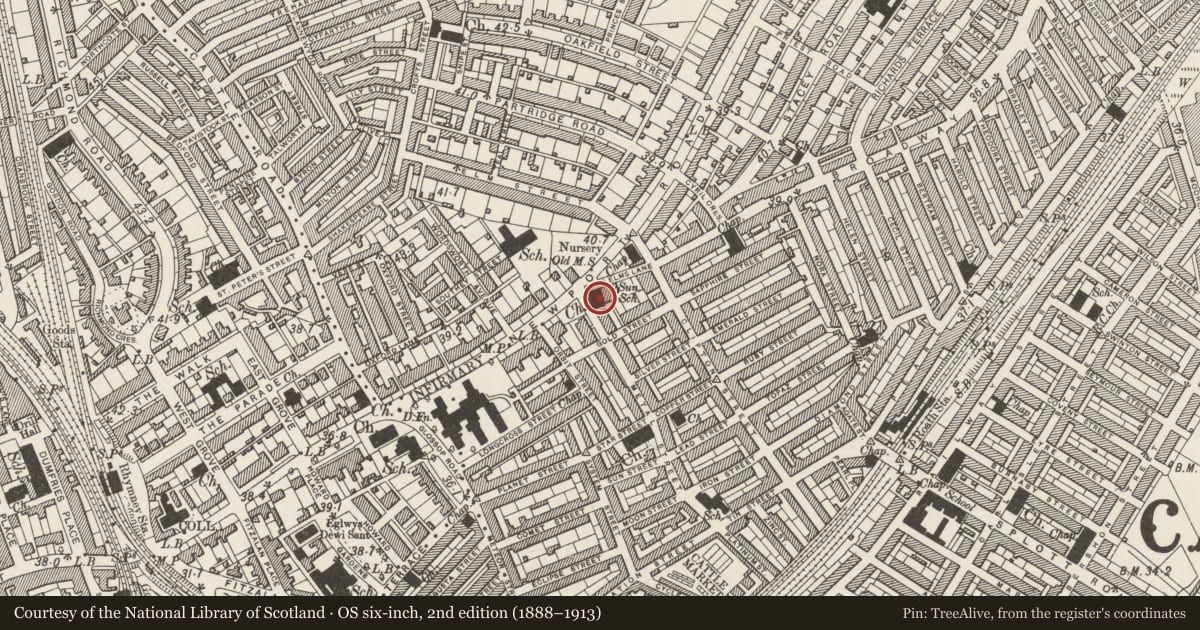 Ordnance Survey six-inch map, 2nd edition (1888–1913) covering the location of Trinity Methodist Church, Adamsdown, Cardiff, with a pin at the register's coordinates