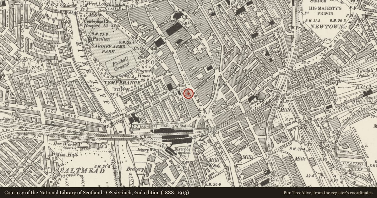 Ordnance Survey six-inch map, 2nd edition (1888–1913) covering the location of The Philharmonic Hall (Squares), Castle, Cardiff, with a pin at the register's coordinates