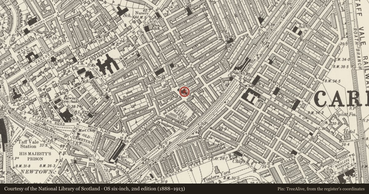 Ordnance Survey six-inch map, 2nd edition (1888–1913) covering the location of St German's Court, Adamsdown, Cardiff, with a pin at the register's coordinates