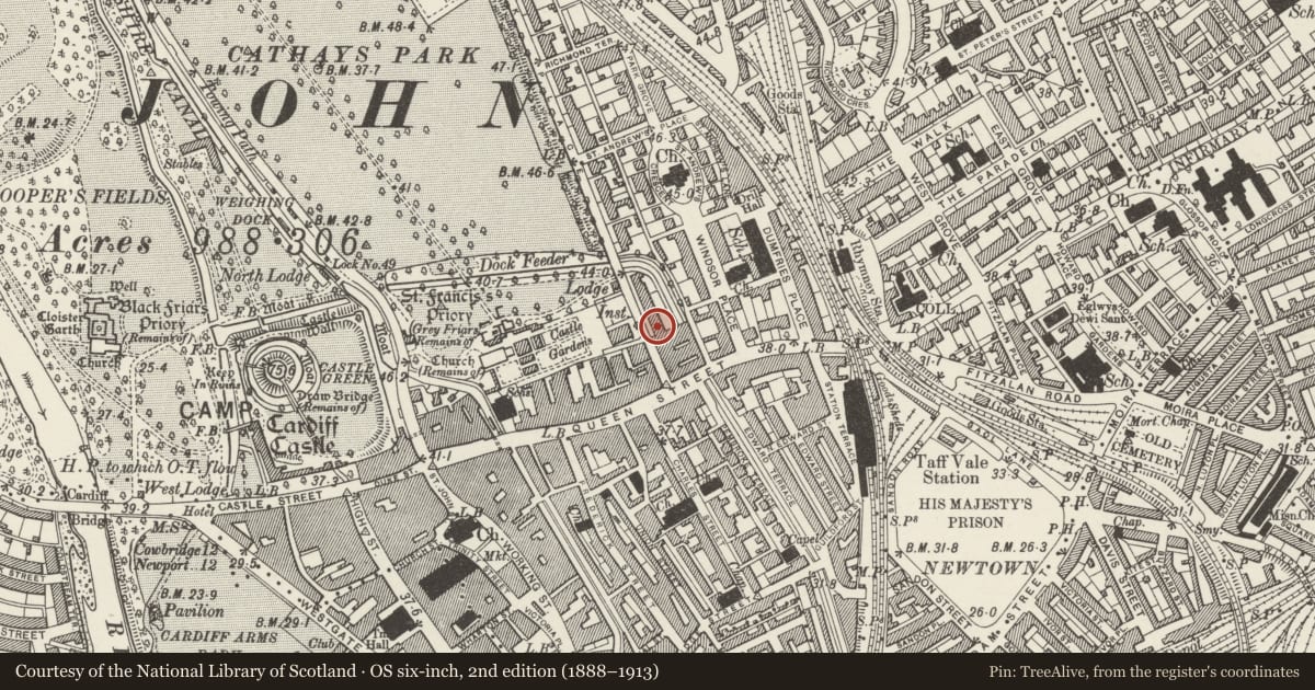 Ordnance Survey six-inch map, 2nd edition (1888–1913) covering the location of 3&4 Park Palce, Castle, Cardiff, with a pin at the register's coordinates