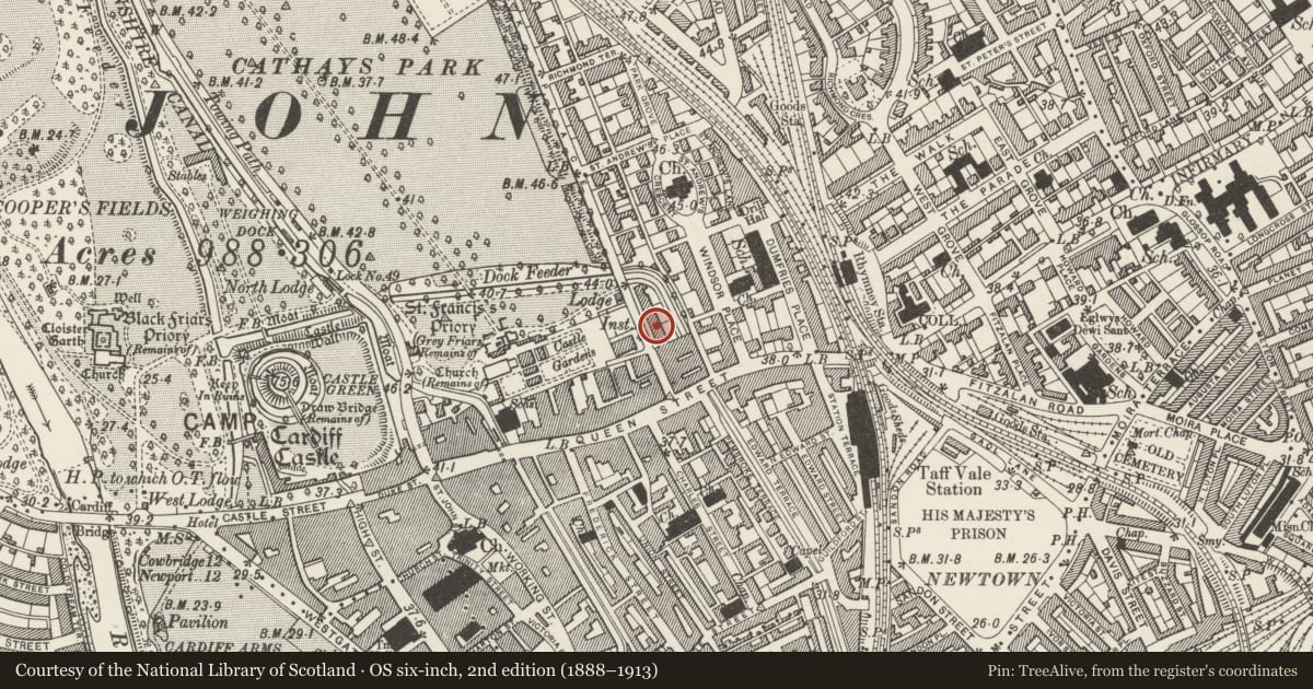 Ordnance Survey six-inch map, 2nd edition (1888–1913) covering the location of 5&6 Park Place, Castle, Cardiff, with a pin at the register's coordinates