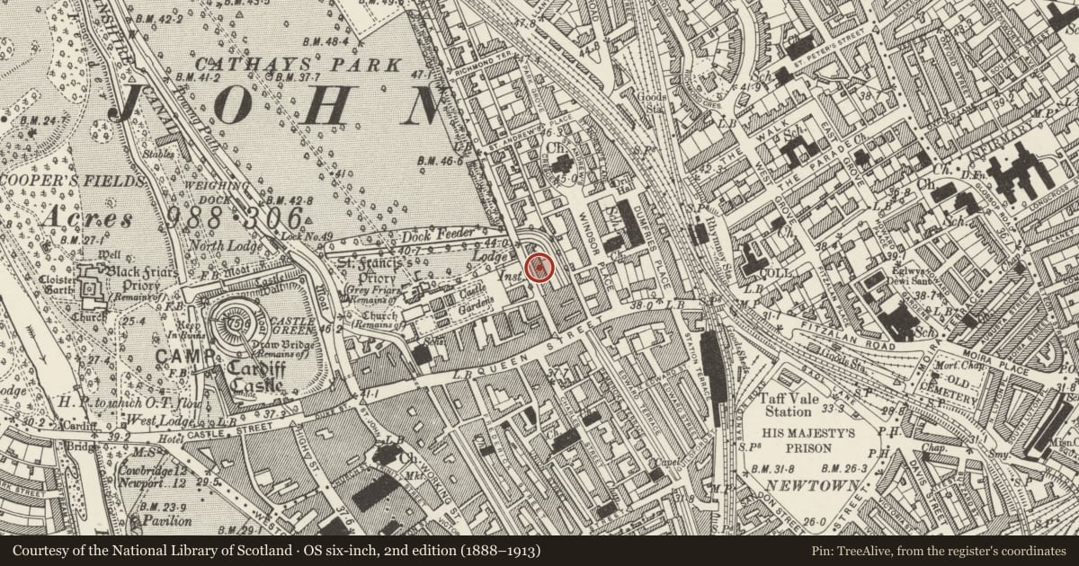 Ordnance Survey six-inch map, 2nd edition (1888–1913) covering the location of 7&8 Park Place, Castle, Cardiff, with a pin at the register's coordinates