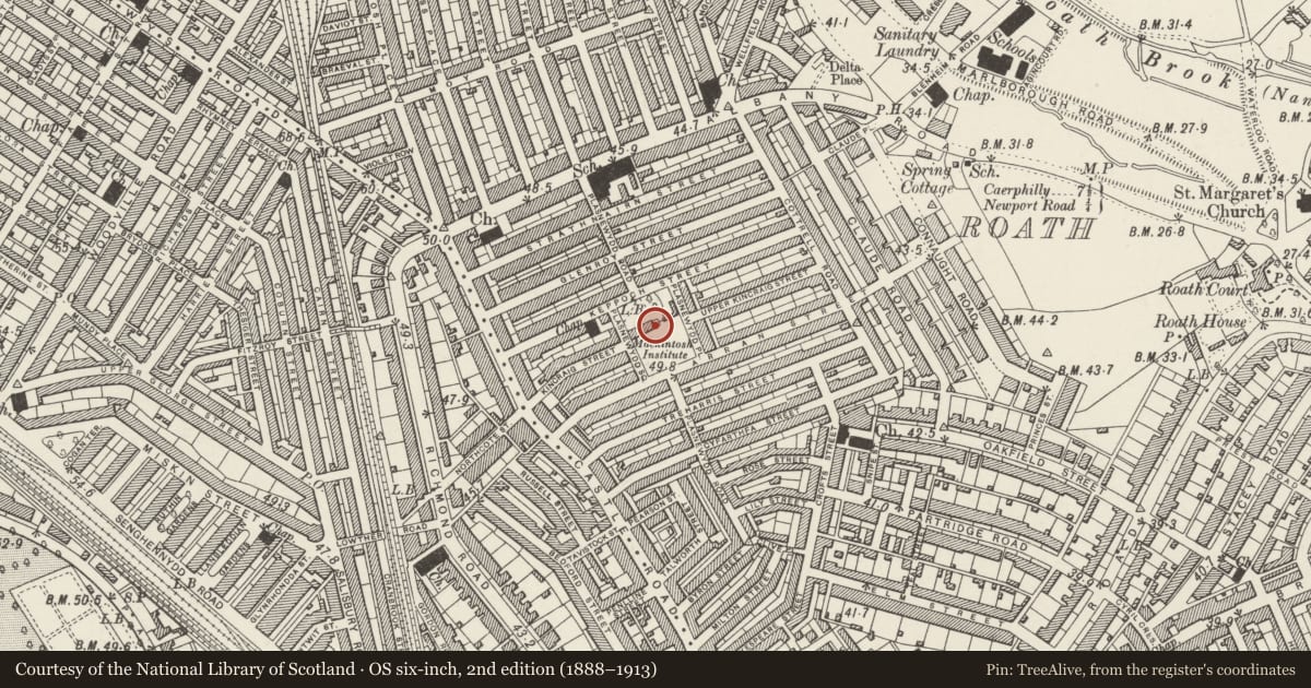 Ordnance Survey six-inch map, 2nd edition (1888–1913) covering the location of Mackintosh Sports Club, Roath, Cardiff, with a pin at the register's coordinates