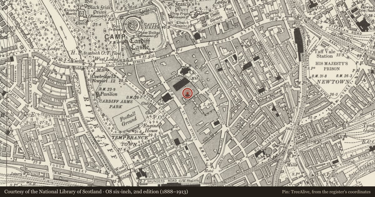 Ordnance Survey six-inch map, 2nd edition (1888–1913) covering the location of Howells Department Store, Castle, Cardiff, with a pin at the register's coordinates