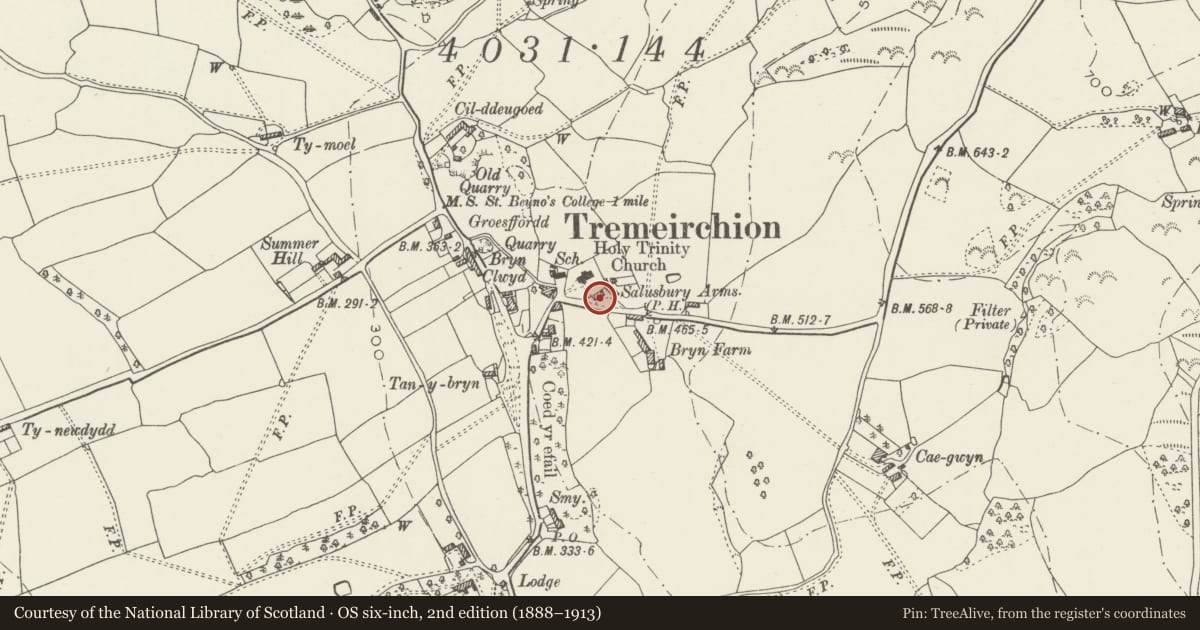 Ordnance Survey six-inch map, 2nd edition (1888–1913) covering the location of Old School (now Village Hall), Tremeirchion, Denbighshire, with a pin at the register's coordinates