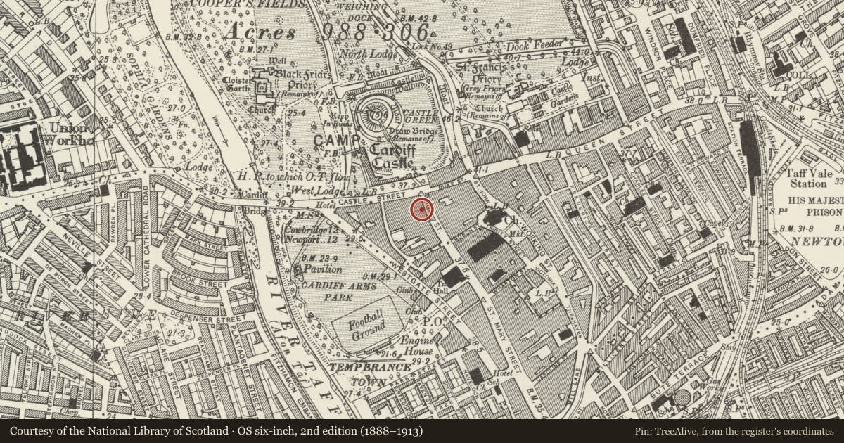 Ordnance Survey six-inch map, 2nd edition (1888–1913) covering the location of Former Pearl Assurance Building, Castle, Cardiff, with a pin at the register's coordinates