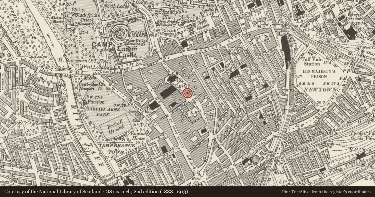 Ordnance Survey six-inch map, 2nd edition (1888–1913) covering the location of Former Central Library, Castle, Cardiff, with a pin at the register's coordinates