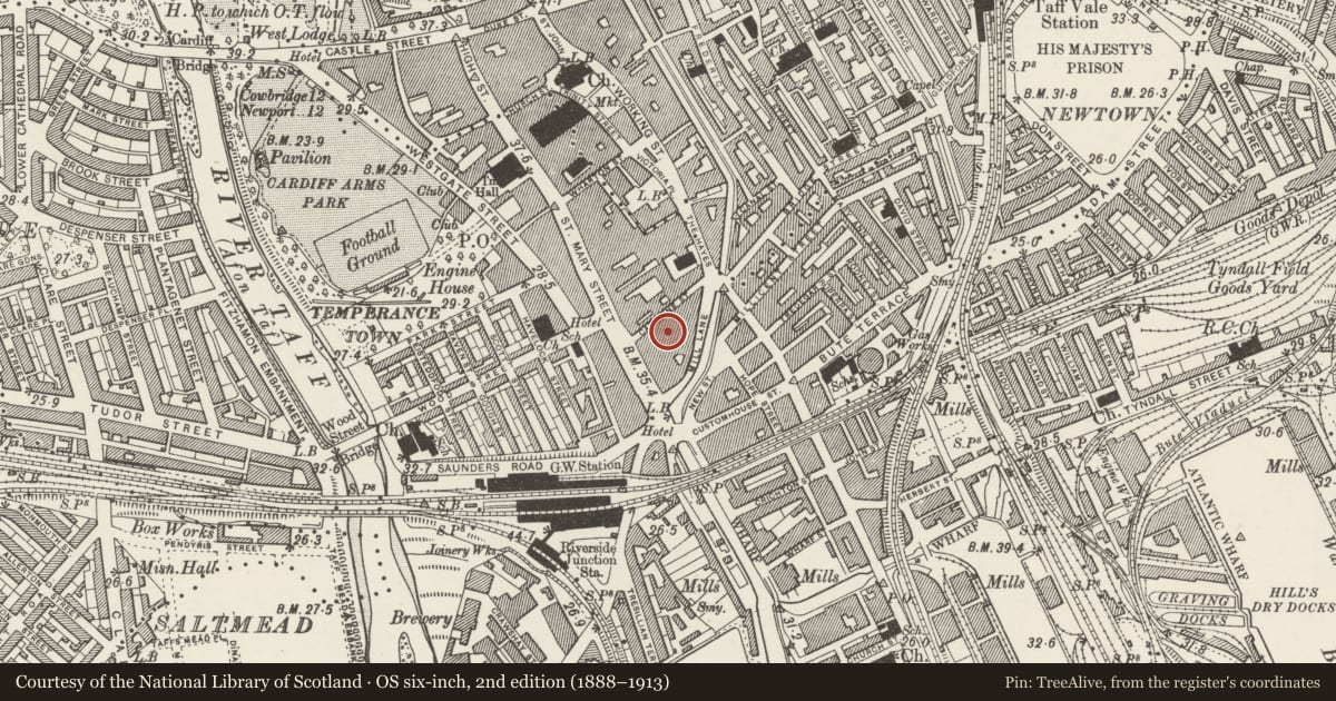 Ordnance Survey six-inch map, 2nd edition (1888–1913) covering the location of Wyndham Arcade-Nos 1-39 (Odd) & Nos 4-32 (Even), Castle, Cardiff, with a pin at the register's coordinates