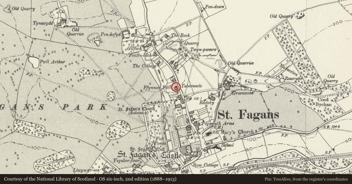 Ordnance Survey six-inch map, 2nd edition (1888–1913) covering the location of Ty-capel, St. Fagans, Cardiff, with a pin at the register's coordinates