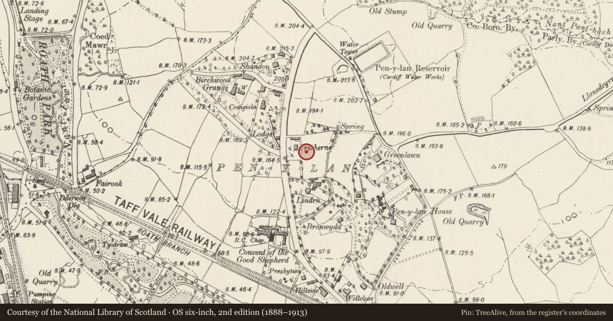 Ordnance Survey six-inch map, 2nd edition (1888–1913) covering the location of White Lodge, Penylan, Cardiff, with a pin at the register's coordinates