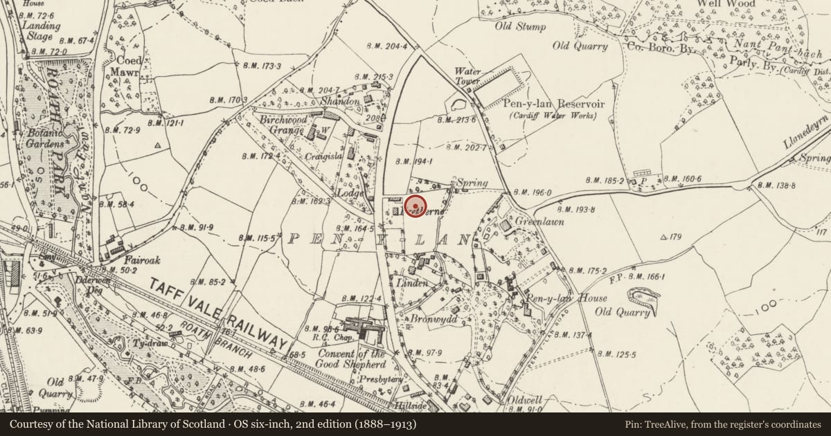 Ordnance Survey six-inch map, 2nd edition (1888–1913) covering the location of White Lodge Cottage, Penylan, Cardiff, with a pin at the register's coordinates