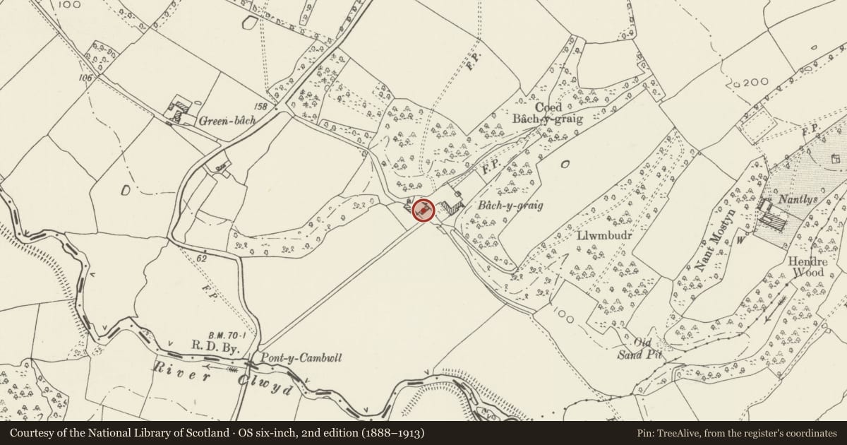 Ordnance Survey six-inch map, 2nd edition (1888–1913) covering the location of Bach-y-graig South East Farm Range, Tremeirchion, Denbighshire, with a pin at the register's coordinates